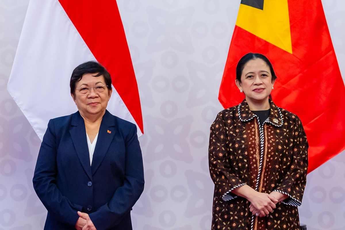 Prezidente uma fukun Indonesia, Puan Maharani (loos) ho Prezidente Parlamentu Nasional Republika Demokratika Timor Leste, Maria Fernanda Lay, durante enkontru bilateral iha Edifisiu uma fukun Indonesia, Senayan, Jakarta, Sabadu (16/8/2025). (Dokumentu Espesiál)